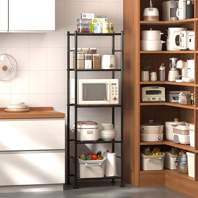Sakugi Storage Shelves - Set of 2, 5-Tier Metal Shelf Organizer, Space-Saving Garage Shelving with Leveling Feet, Standing Shelves Organizer for Kitchen, Laundry, Pantry (18.4" x 12.6" x 57.4", Black)