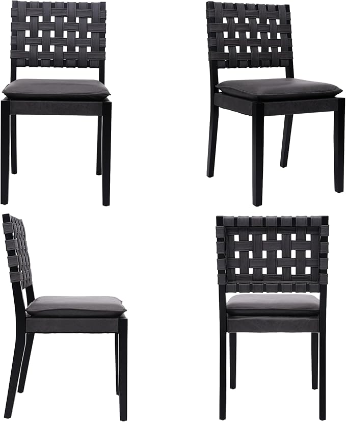 Woven Faux Leather Dining Chairs Set of 6, Farmhouse Upholstered Kitchen Chairs with Wooden Legs Armless Accent Side Chairs for Dining Room/Restaurant, Black