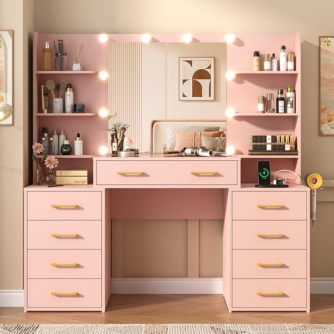 55 in Glass Top Vanity Desk with Mirror and Lights, Large Vanity Makeup Mirror Desk with Charging Station Compartment Storage Drawers, Modern Makeup Vanity with 9 Drawers 6 Shelves, Pink