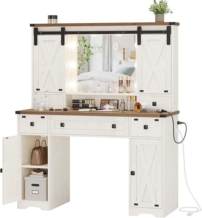DICTAC Farmhouse Makeup Vanity Desk with Lighted Mirror & Power Strips, Vanity Table with Sliding Barn Door Hidden Shelves & 5 Drawers & 2 Cabinets, White Dressing Table for Bedroom, Lights Adjustable