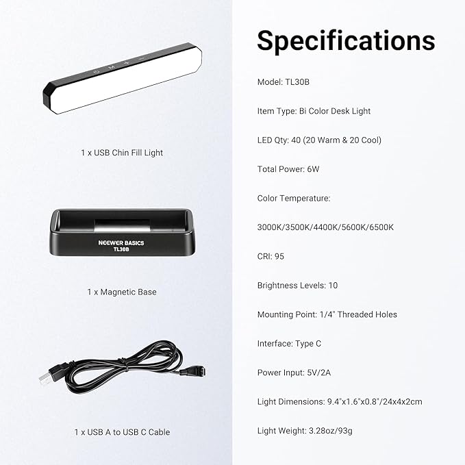 NEEWER Basics LED Chin Fill Lighting CRI95, 6W Bi Color Portable Desk Phone Selfie Photo Light, USB Powered for TikTok Streaming Laptop Video Conference Tripod Recording Travel Makeup, TL30B