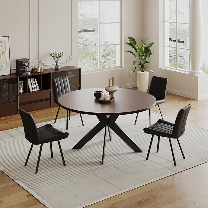 45.3" Walnut Round Dining Table Set with 4 Chairs – Mid-Century Modern Small-Space Kitchen & Dining Room Furniture for Apartment or Breakfast Nook (Walnut – Table + 4 Black Chairs)