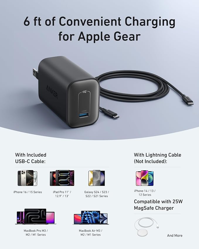 Anker Laptop Charger 100W Foldable Type C Charger Fast Charging | For MacBook iPhone 17 Series and All USB C Devices with 6FT USB-C Cable Included Compatible with MagSafe