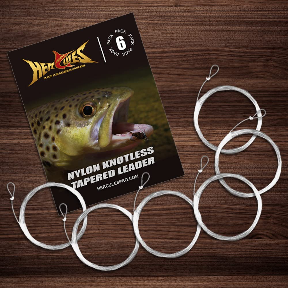 HERCULES Pre-Tied Loop Fly Fishing Leader 6 Pack with Tapered Leader Wallet, 9FT - 1X - 9.0LB
