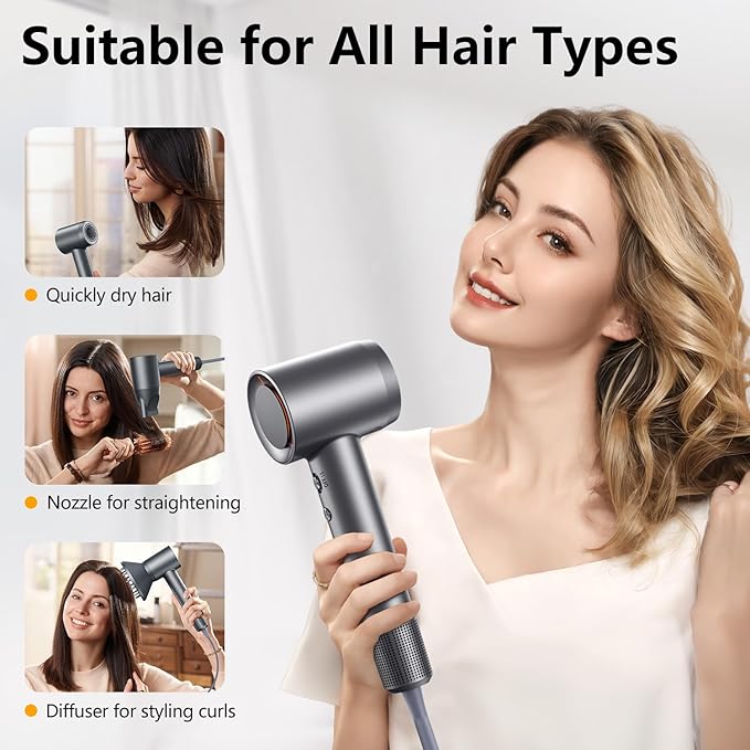 D YS0N Alternative Hair Dryer - 1 Min Fast Drying, High-Speed Blow Dryer with 500 Million Negative Ions, No Heat Damage, Low Noise, Professional Hairdryer with Magnetic Diffuser & Nozzle, Gunmetal