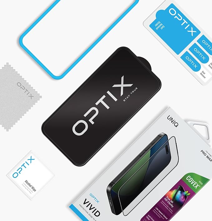 UNIQ OPTIX for iPhone 17 Pro Max (Vivid Clear) 4K Optical Clarity Tempered Glass Protector + DustRepel™ anti-static installation