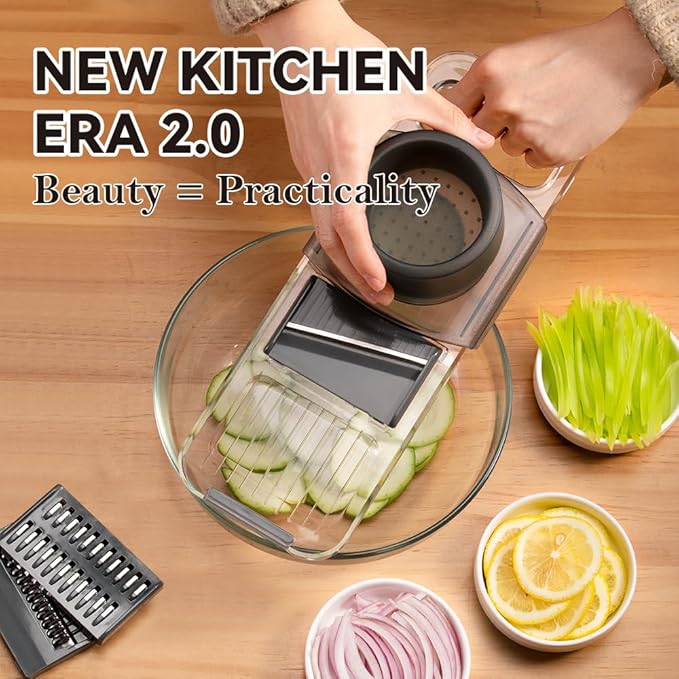 ZKIRON Mandoline Slicer for Kitchen, 6-in-1 Multifunctional Handheld Vegetable Cutter with Transparent Body & Safety Guard, Potato Slicer Cucumber Julienne Shredder, Compact Salad Prep Gadget