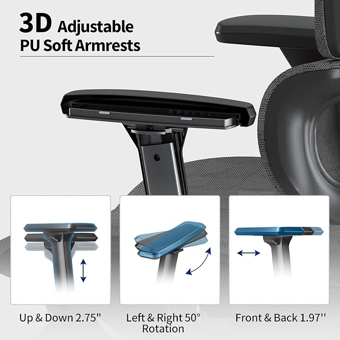 Ergonomic Mesh Office Chair with 3D Adjustable Armrest,Plastic Frame High Back Desk Computer Chair Ergo3d Ergonomic Office Chair with Wheels for Home & Office Black