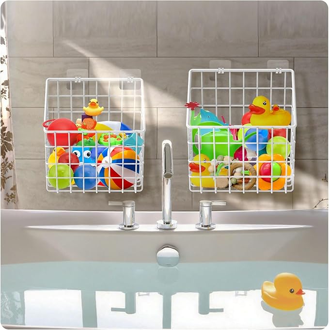 2 Pack Bath Toy Storage Organizer Basket, Large Metal Bathtub Toy Holder, Wall Mounted Hanging Shower Basket, Bath Toy Organizer For Bathtub for Easy Access and Sorting Toys/Clothes/Toiletries