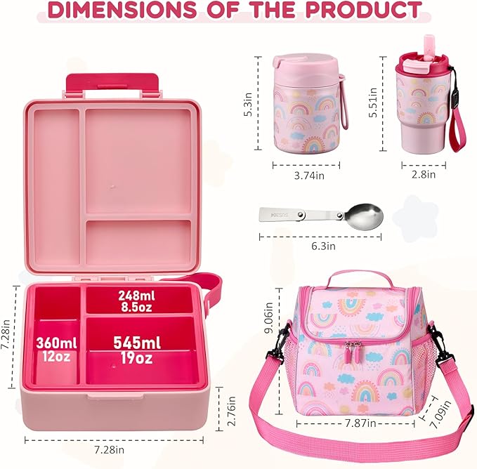 Lunch Box Set with Bento Box Container, 17OZ Stainless Steel Food Soup Thermo, Kids Water Bottle & Portable Insulated Lunch Bag – Leakproof, Hot/Cold Retention for School, Travel(Pink-Rainbow)