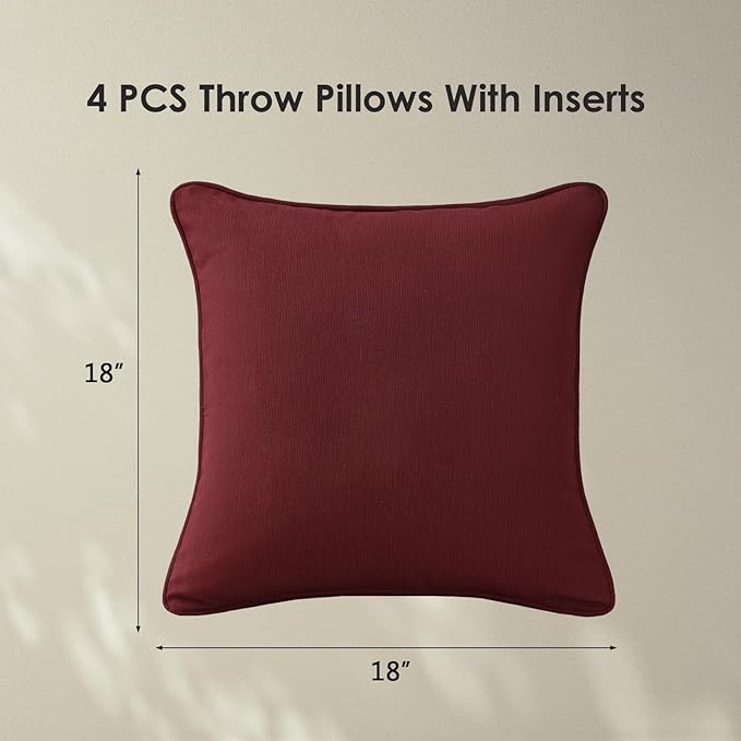 Sunbrella Decorative Outdoor Water Repellent Throw Pillows with Inserts, Set of 4, 18" x18" Pillows for Patio, Backyard, Bed, Couch, and Patio Furniture, Spectrum Ruby