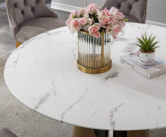 7-Piece Faux Marble Round Dining Table Set for 6, Modern Luxury Kitchen Table Set for 6 with Grey Tufted Chairs,Circle Dining Tables with White Marble Grain Top and Bronze Pedestal Base
