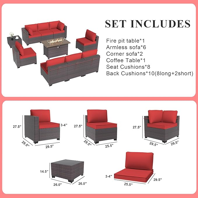 Gotland 10 Pieces Patio Furniture Set with Fire Pit Table, All Weather Rattan Outdoor Furniture with 29.5'' High Backrest 4’’ Thick Cushions Coffee Table, Outdoor Sofa for Deck, Garden, Backyard, Red
