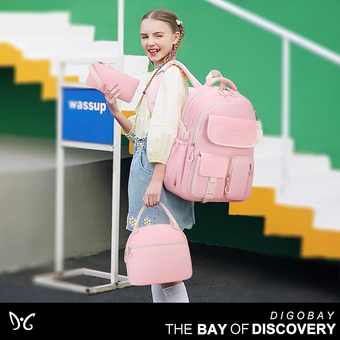 Backpacks for Girls, 3PCS School Backpack with Lunch Box Pencil Pouch for Teen Girls Kids Elementary Primary Middle High College School Bookbag Set (Pink)