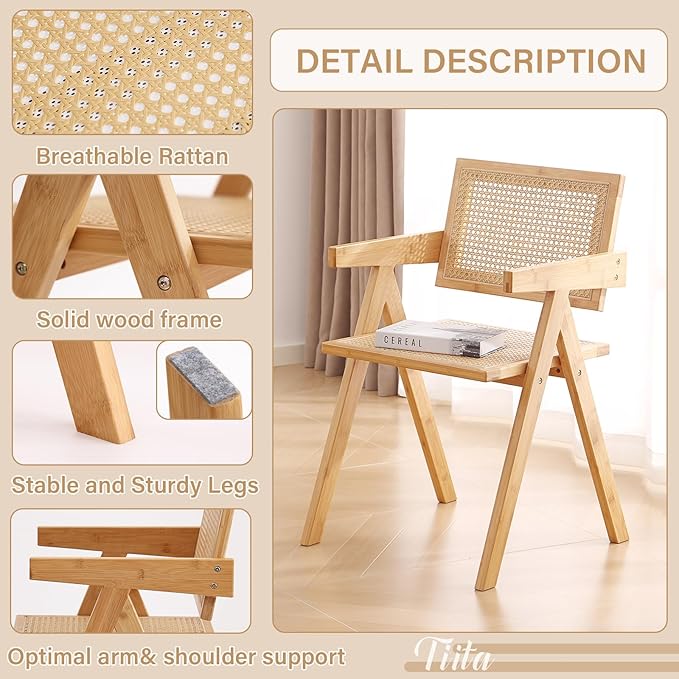 Tiita Rattan Accent Chairs, Mid Century Modern Dining Chairs Set of 2, Bamboo Living Room Chair for Reading Room Dining Kitchen, Wood