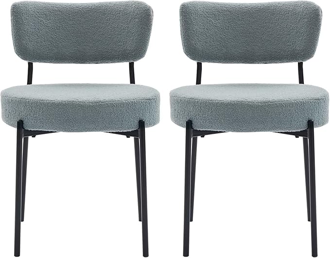 Grey Boucle Dining Chairs Set of 2, Upholstered Dinner Chair with Metal Frame, Dining Room Chairs with Padded Seat, Round Modern Seating for Living Room