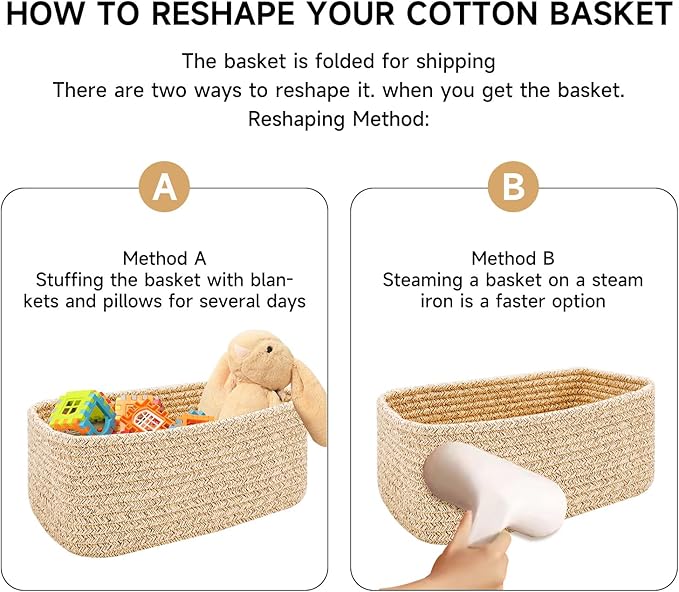 Small Storage Baskets for Organizing | Closet Organizer Bins | Shelf Toy Basket | Woven Rope Baskets | Cube Decorative Box | Shallow Basket | 11.5x7.5x4.7” | 4 Packs Mixed Brown