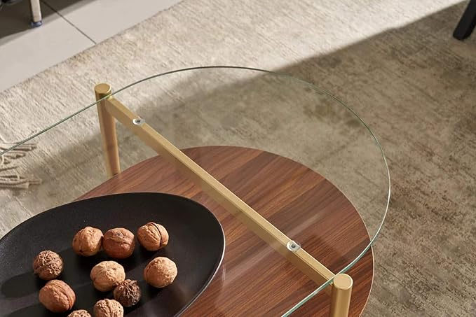 Shrine Oval Coffee Table, Mid-Century Modern Design, 2-Tier Structure, Clear Glass Top and Walnut MDF Shelf, 47" D x 21" W x 17" H, Sleek Conical Metal Legs with Gold Finish