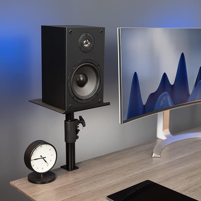 VIVO Clamp-on Speaker Stand Desk Mount Set, 10 x 9 inch Trays, Height Adjustment and Tilt, Universal Audio Holders for Computer and Bookshelf Speakers, Elevated Sound, 2 Pack, Black, MOUNT-SP01CB
