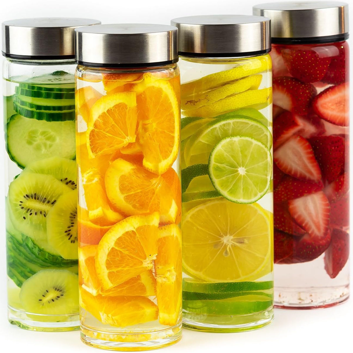 16oz Juice Bottles, Wide Mouth Glass Water Bottles & Stainless Steel Lids
