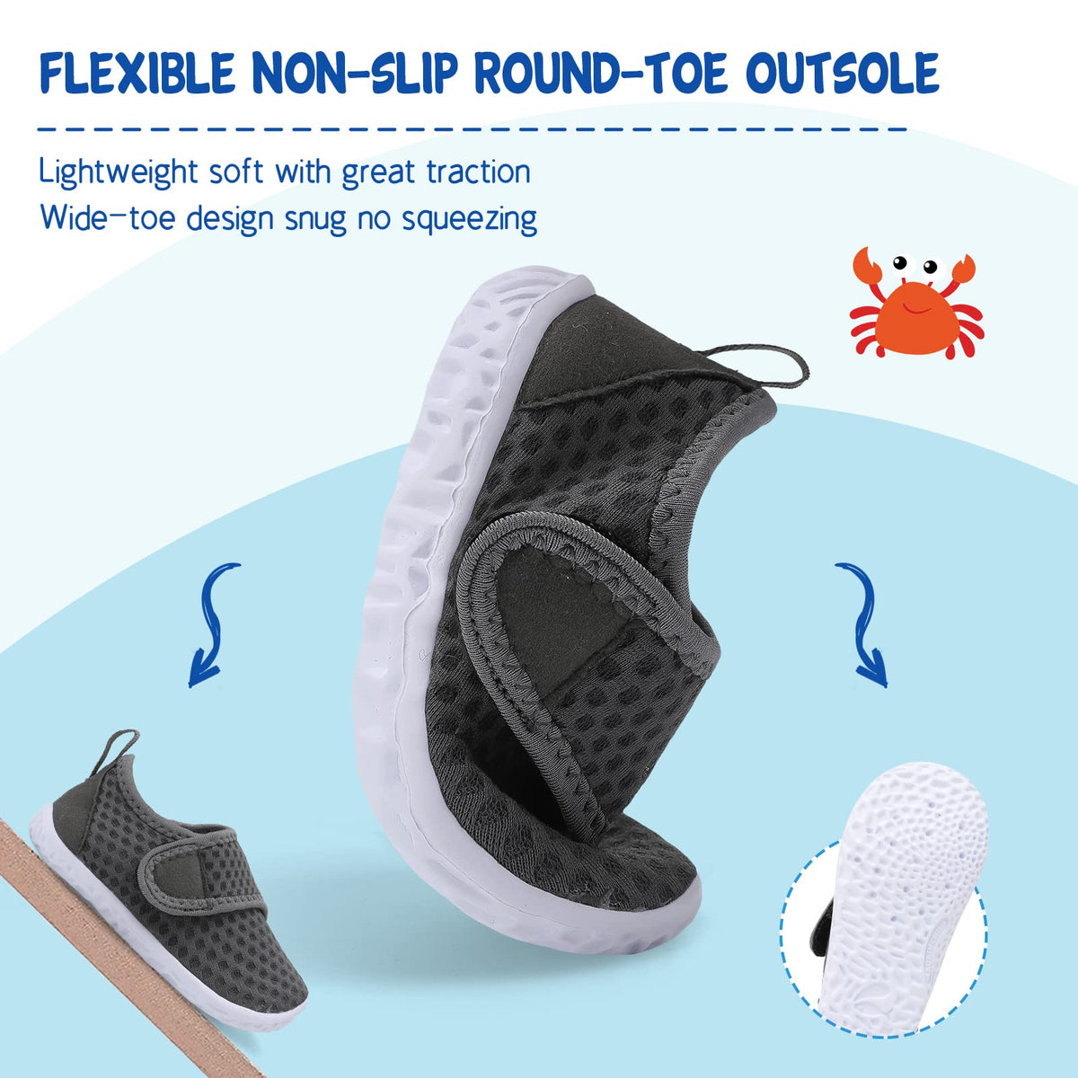 LeIsfIt Toddler Water Shoes Boys Girls Barefoot Aqua Socks Kids Breathable Quick-Dry Swim Shoes for Beach Pool Surf, Dark Grey, 6 Toddler