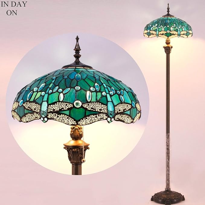WERFACTORY Tiffany Floor Lamp Dragonfly Green Stained Glass Standing Reading Light 16X16X64 Inches Antique Pole Corner Lamp Decor Bedroom Living Room Home Office S622 Series