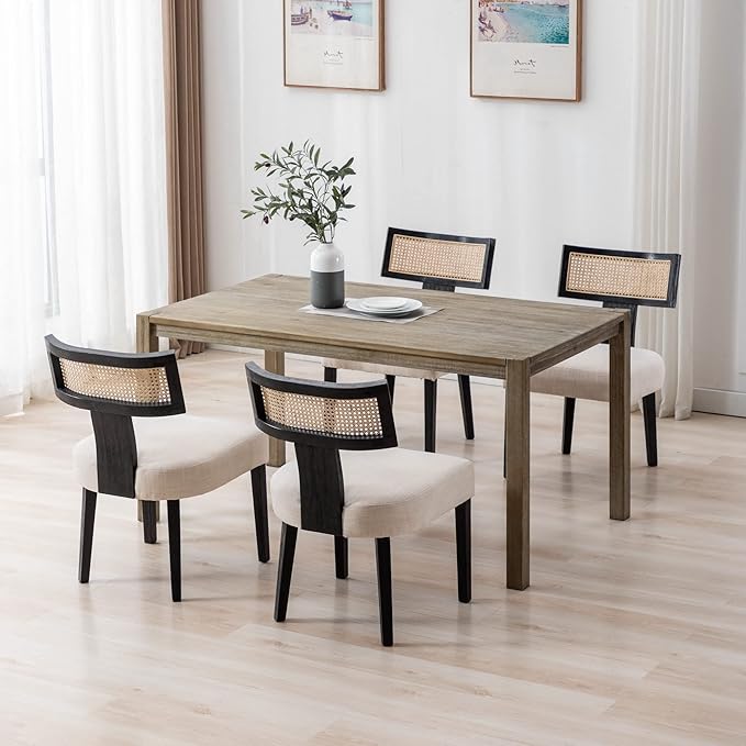 Rattan Dining Chairs Set of 2, Modern Dining Chairs Kitchen Dining Room Chair, Curved Cane Back Upholstered Linen Fabric Dining Chair with Black Wood Frame, Beige