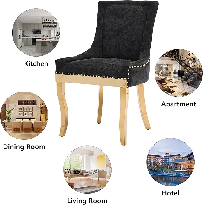 Luxury Fabirc Upholstered Dining Chairs Set of 6,Neutral Chenille Kitchen Room Chair with Nailhead Trim,6 Piece Modern Side Chairs for Dining Room,Living Room,Bar (Black-Gold, Set of 6)