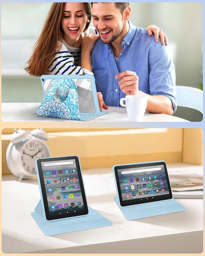 Kidcube for Amazon Kindle Fire 7 Tablet Case 12th Generation 2022 Release for Women Girls Boys Cute Folio Cover Sun Moon Star Design Rotating Stand with Auto Wake/Sleep Teen for Kindle Fire 7 Cases 7