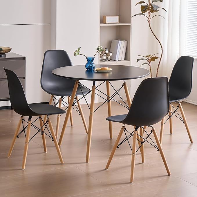 35.5'' 5 Piece Round Dining Table Set for 4, Mid-Century Modern Table with Chairs, Space Saving, Plastic Seats, Wood Legs, Circle Dinner Table for Kitchen, Home, Apartment, Black