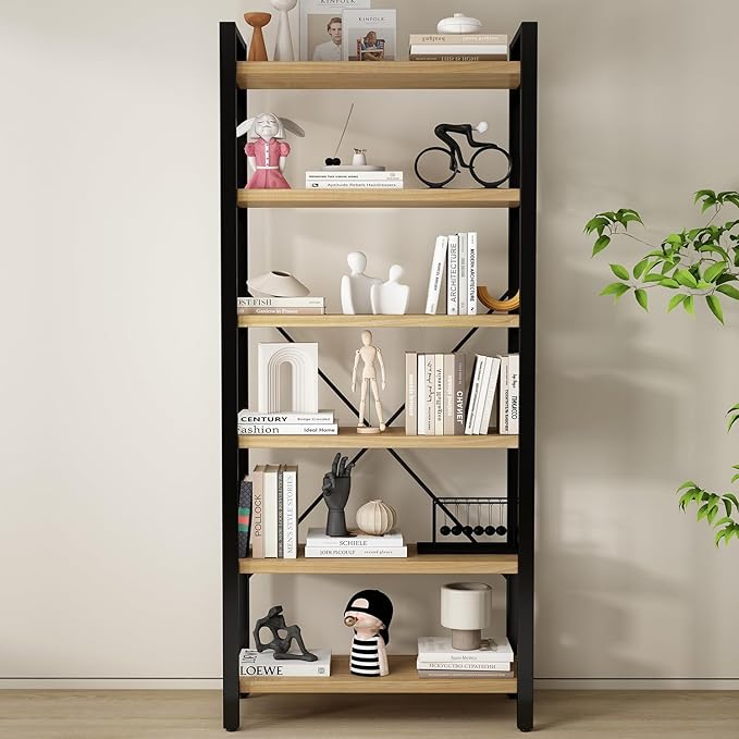 Real Solid Wood Rustic Vintage Industrial Etagere Bookshelf, Metal & Timber Free Vintage Bookcase, Retro Brown (Genuine Timber) (6-Tiers-RawWood)