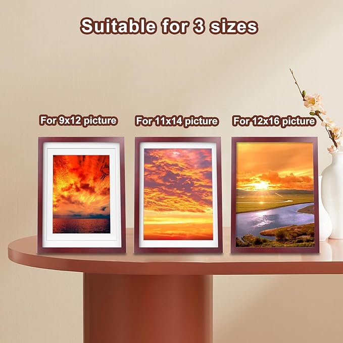 Egofine 12x16 Picture Frames with Plexiglass, Display Pictures 9x12/11x14 with Mat or 12x16 Without Mat for Wall Mounting, Cherry Red