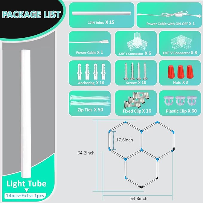 Hexagon Lights: 16 Pack, 110W, 11,800 LM, 6,500K High Brightness Hexagon Garage LED Lights 3 Grid for Garage, Shopping Mall, Workshop and Car Detailing Shop etc