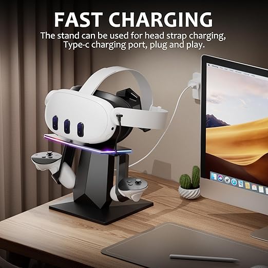Bioherm Charging Dock Compatible with Meta Quest 2/ Quest 3/Quest 3S/Quest Pro,RGB Charging Vertical Stand,Accessories with Brightness Adjustment and 14 Light Effects Adjustment, Type-C Charging Port