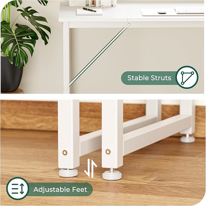 Huuger Computer Desk, 63 Inch Office Desk, Gaming Desk with Storage, Writing Desk Work Desk for Home Office, Study, Modern Simple Desk, Large Legroom, Metal Frame, White