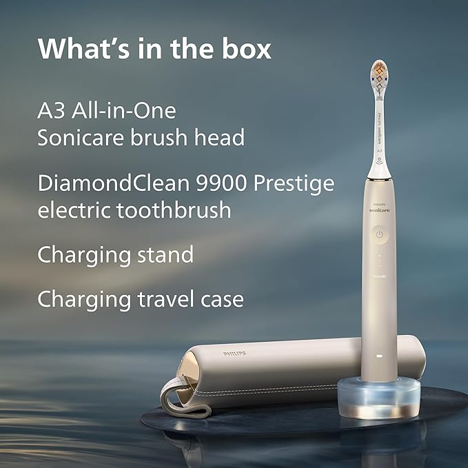 Philips Sonicare DiamondClean 9900 Prestige Electric Toothbrush - with SenseIQ Technology and Advanced AI App, 5 Brushing Modes, 3 Intensity Levels, Charging Travel Case, Champagne, HX9990/11