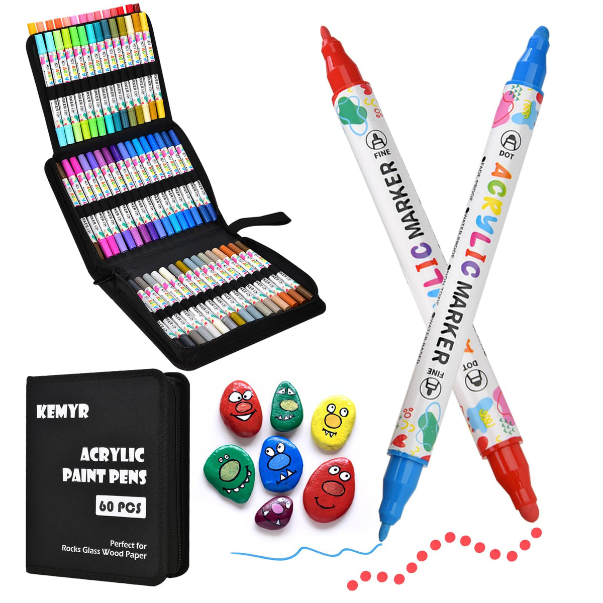 KEMYR 120 Colors Acrylic Paint Pens, Dual Tip Acrylic Paint Markers for Paper, Wood, Canvas, Stone, Rock Painting, Glass, Fabric, DIY, Ceramic, Art Supplies for Adults Drawing (Dot + Fine)