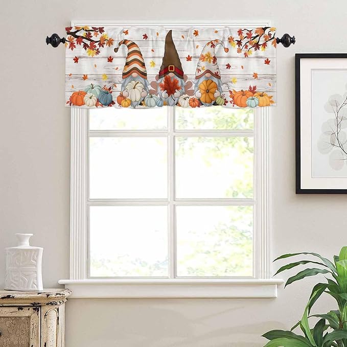Fall Gnomes Kitchen Curtain Set, Thanksgiving Maple Leaf Grey Wood Grain Window