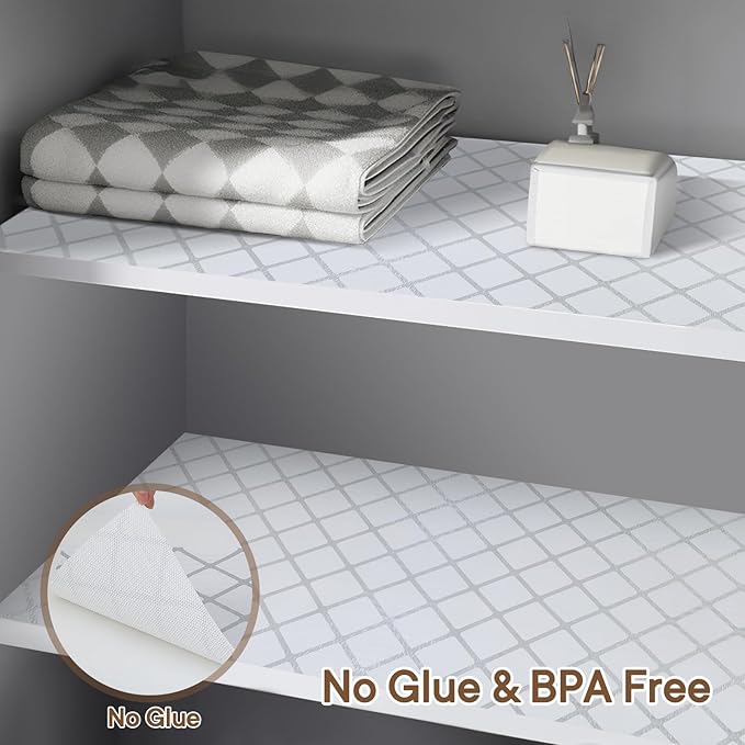 Shelf and Drawer Liner for Kitchen Cabinets Non-Adhesive, Strong Grip Non-Slip Thickened Cabinet Liners for Shelves, Waterproof Mats for Dresser Cupboard, Silver Stripe, 17 in x 10 Feet
