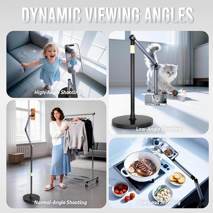 Magnetic Phone Floor Stand Aluminum iPhone Overhead Stand with Adjustable Arm & Remote for Multi-Angle Creative Shooting Stable Stand for iPhone/Android