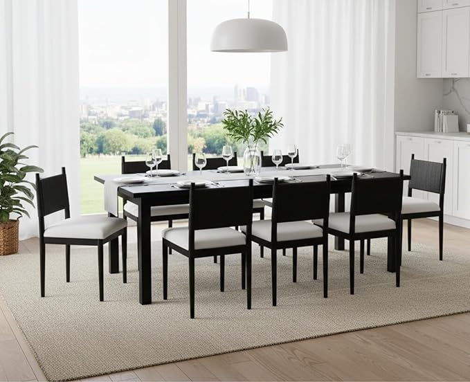 CIMOTA Black Dining Chairs Set of 2, Mid Century Modern Upholstered Dining Room Chairs with Woven Back, Armless Kitchen Chairs with Solid Wood Legs,Linen Beige