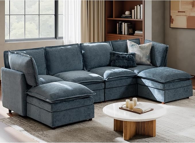 HULALA HOME 128'' Oversized Modular Sectional Sofa with Dual-Layered Cushions, U Shaped 6 Seater Couch with Storage Ottoman and Removable Cover, Modern Deep Seat Cloud Couch for Living Room, Blue