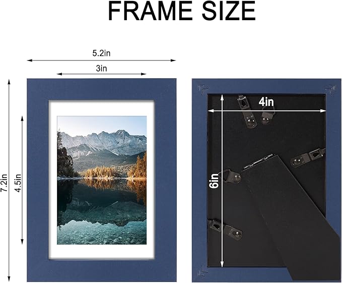 4x6 Picture Frame Set of 4, High Definition Real Glass, Display Pictures 3.5x5 with Mat or 4x6 Without Mat, Gallery Wall Hanging or Tabletop Photo Frames, Blue