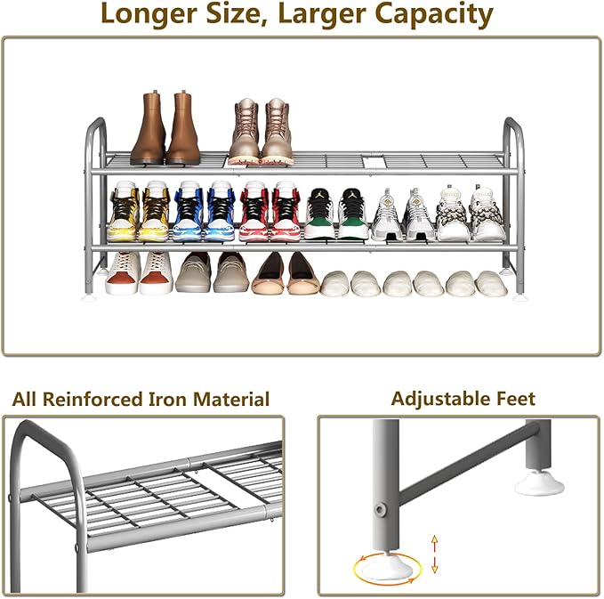 LINZINAR Shoe Rack 2 Tier Storage Organizer for Closet Entryway Metal Grey