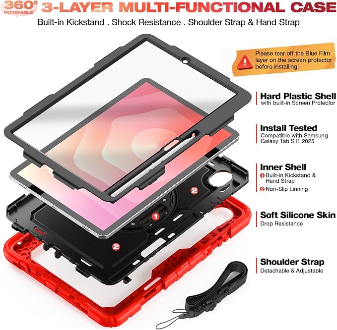 Case for Samsung Galaxy Tab S11 2025 | Three-layer Rugged Shockproof Case W/Screen Protector Shoulder Strap for Tab S11 11 inch (Model SM-X730/SM-X736B) Black