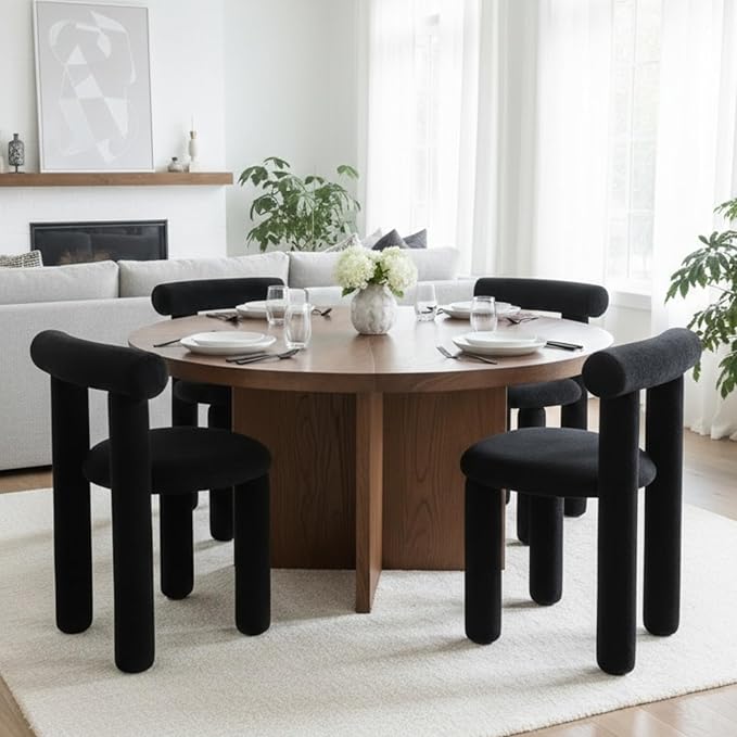 DUOMAY Modern Black Boucle Dining Chairs Set of 8, Sherpa Upholstered Kitchen Chairs Armless Barrel Back Dining Chair, Living Dining Room Chairs, Reception, White