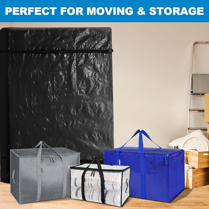TICONN Mattress Bags for Moving, Heavy Duty Full Mattress Cover Storage Bag with Full-Around Handle and Adjustable Buckles (Black, Full)