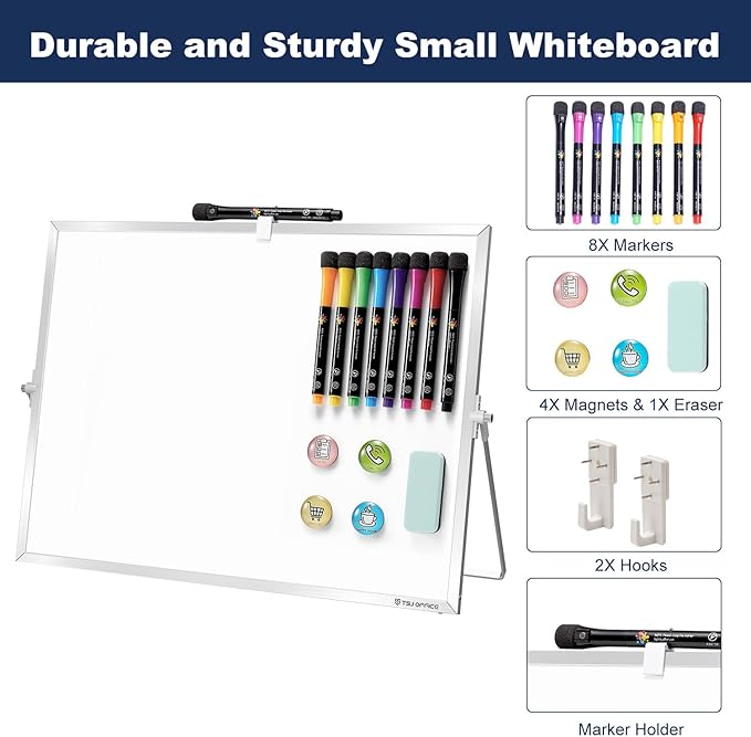 TSJ OFFICE Small White Board - 18 X 14 Inches Small Magnetic Dry Erase Board with Hooks for Wall, Desktop Whiteboard Stand 360 Degrees Revolving Double Sided for Office, Home, School, Silver