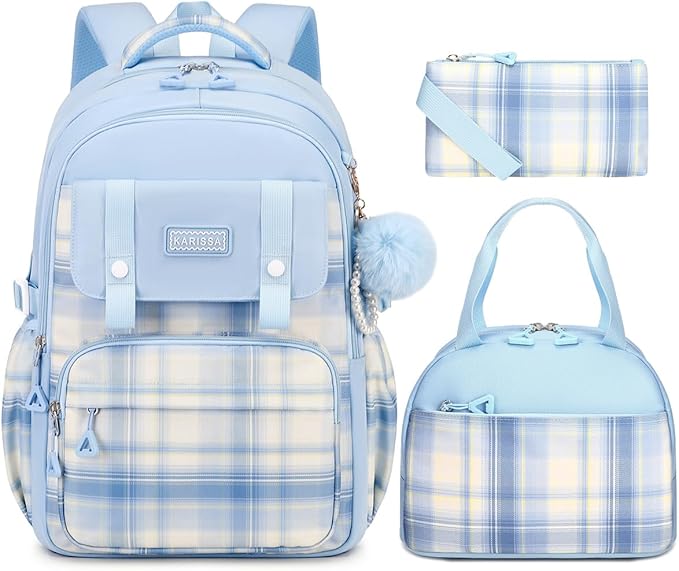 Girls Backpack with Lunch Box 3Pcs, Waterproof School Bag Set for Teen Elementary Middle School, Multi-Pocket Laptop Bookbag Lightweight, Blue