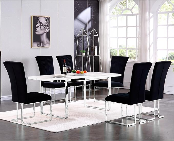 AUZ Dining Chairs Set of 6, Black and Silver Dining Chair with Velvet Upholstery and Mirrored Silver Sled Legs